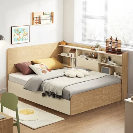 Nordic Natural Bed with Storage and Bookcase