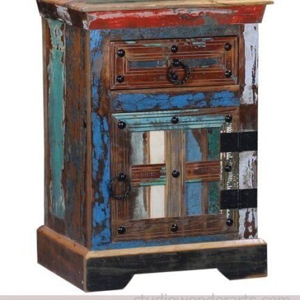 Reclaimed Wood Bedside Table In Distress Finish With Drawers