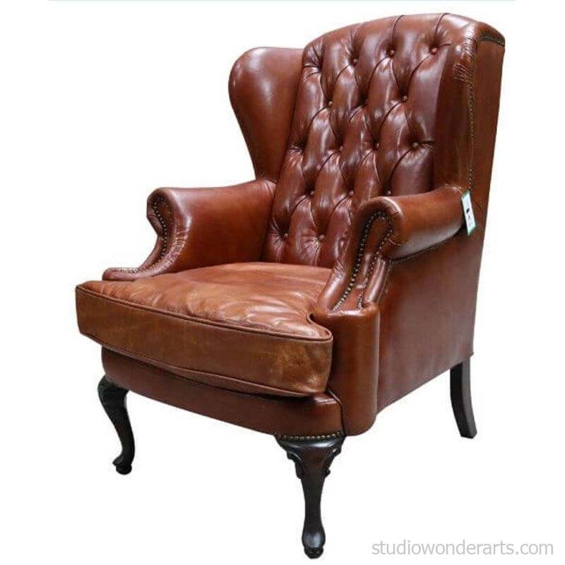 Queen Anne Leather Chesterfield Arm chair Brown