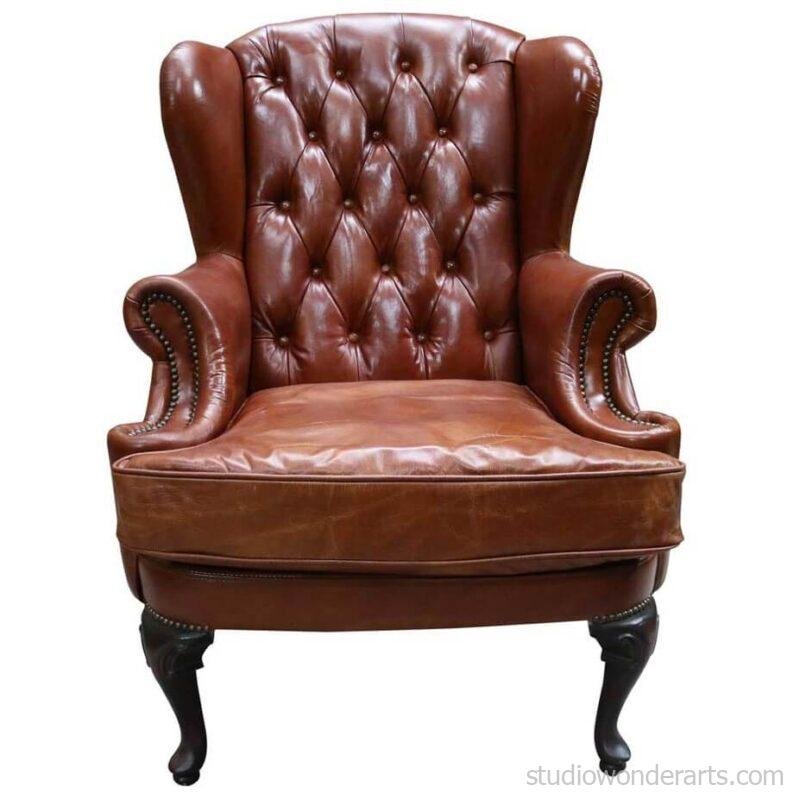 Queen Anne Leather Chesterfield Arm chair Brown