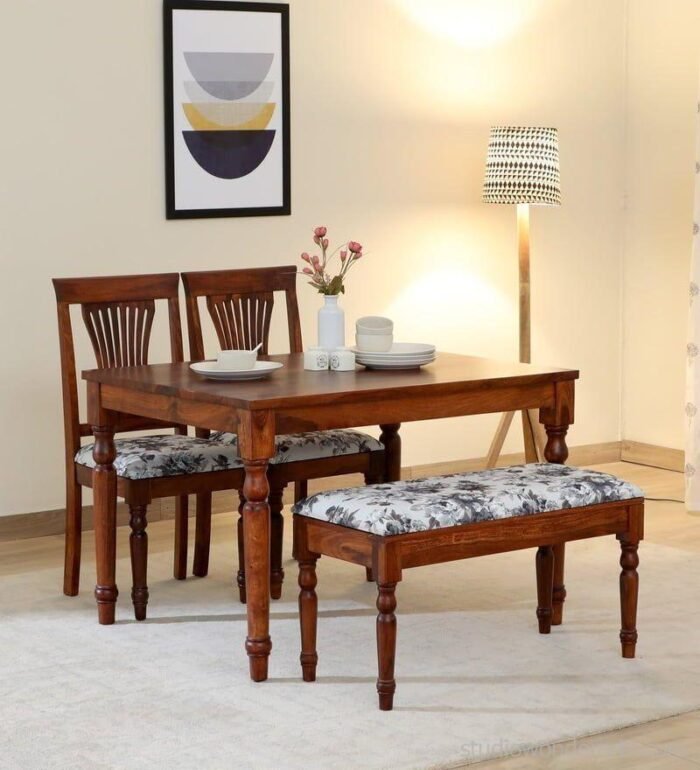 antara solid wood four seater dining set with chairs and bench in honey oak finish by mudramark an oe6ghy