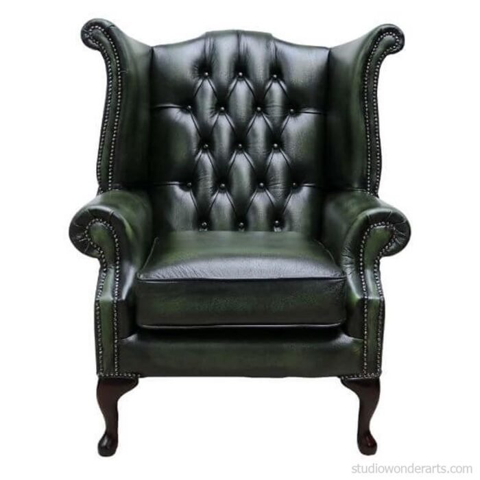 Queen Anne Genuine Leather Chesterfield Armchair Green