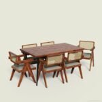 Anglo Matte Solid Wood Rattan Dining Set 6 Seater