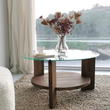 Wooden Round Coffee Table With Glass Top