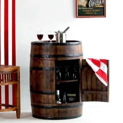 Farmhouse Barrel Bar Cabinet in Solid Wood