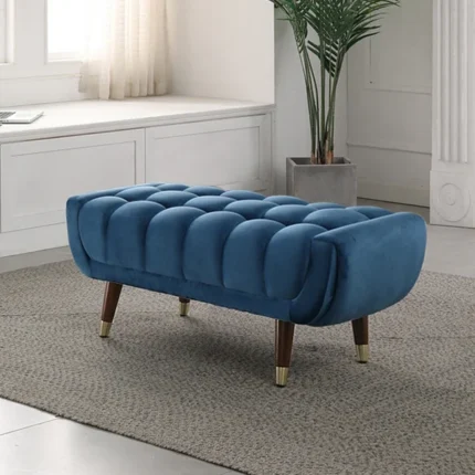 Blue Velvet Upholstered Ottoman Bench