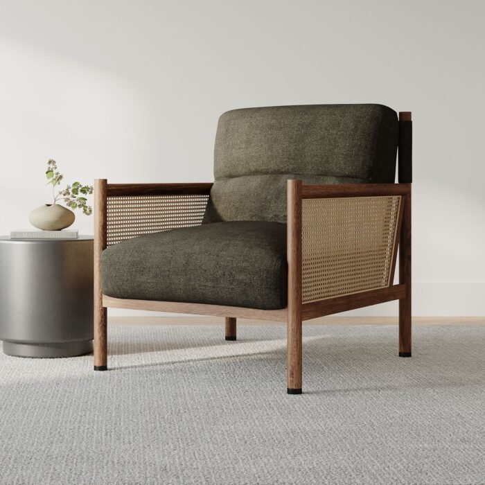 Scandinavian Rattan Arm Chair In Solid Wood